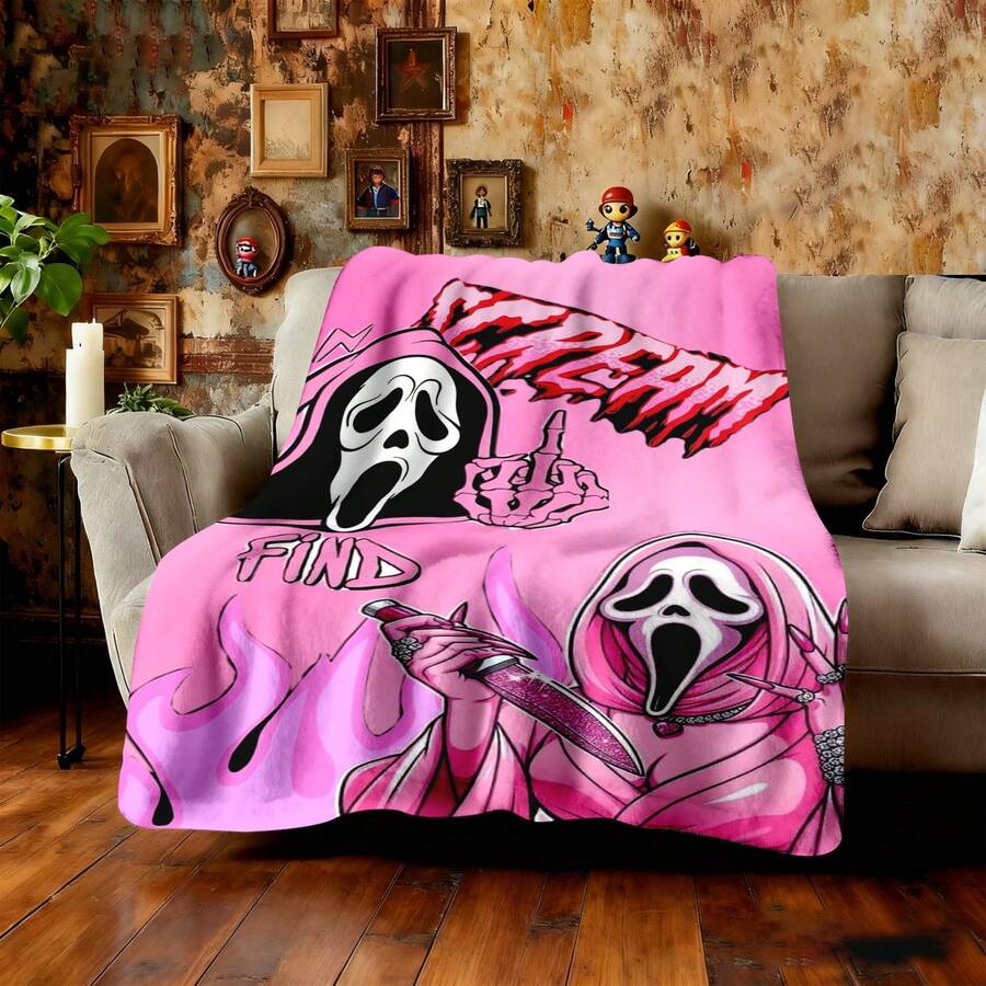 1PC Ghostface Y2K Horror Flannel Throw Blanket 50"X60" (Multiple Sizes) - Black & White Ghostface Duo With Pink Robe, Glitter  & Skeleton Hand, Tapestry Wall Hanging, Halloween Gift, Room Decor, Perfect For Sofa, Bed, Office, Edgy Y2K Gift - multicolour 2 - 查看 1