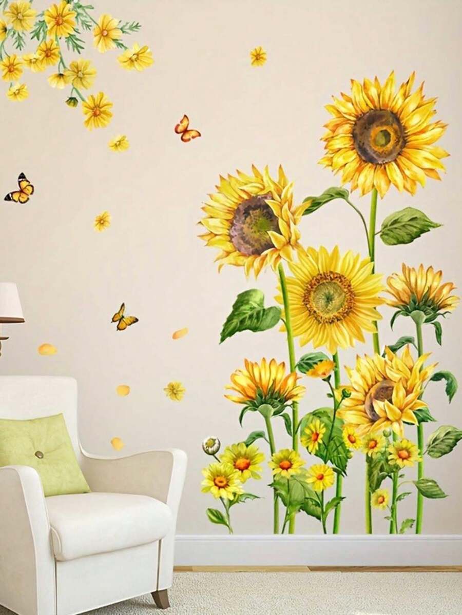 1 Set Sonnenblumen Blumen Wandaufkleber, selbstklebende dekorative Malerei für Wohnzimmer, Eingang und Schlafzimmer, abnehmbare PVC Wandtattoos - geeignet für Schlafzimmer, Zimmer, Klimaanlage, Flur, Eingang, Badezimmer und andere Anlässe, exquisites PVC Material dekorative Aufkleber - A - Übersicht 1