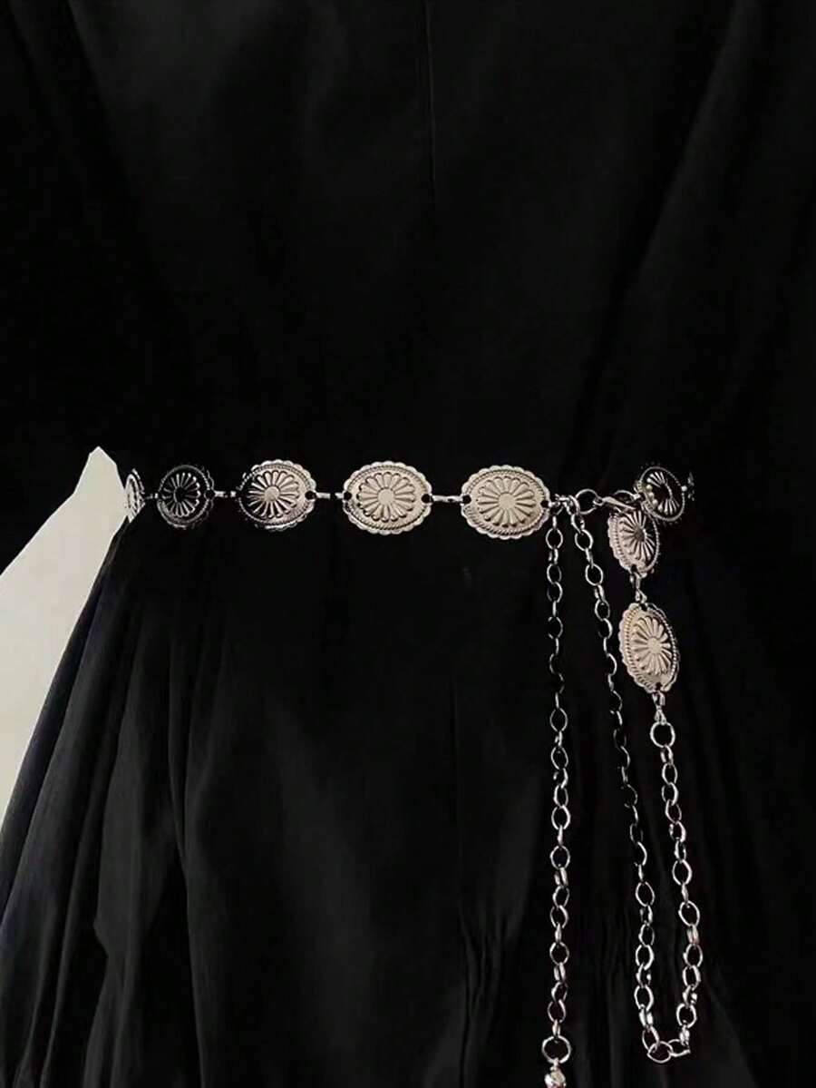 Hollow Floral Pattern Multi-Layer Chain Belt: Design, Adjustable Slimming, Atmospheric, Solid Color Casual Zinc Alloy Chain Belt - A - View 1