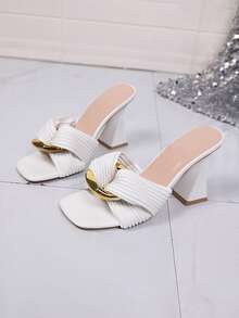 Sandalias de tacón alto de punta abierta y puntera cuadrada de alta calidad para mujer, sandalias de tacón alto sexy y de moda para damas - Blanco - Ver 6