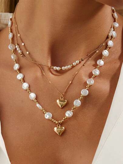Multi-Layered Faux Pearl Necklace With Fashionable And Versatile Heart-Shaped Pendant And Collar Chain For Women