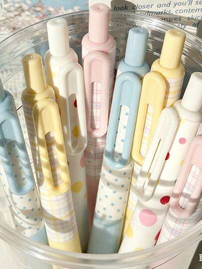 4pcs Polka Dot/Star Push-Button Neutral Pens, High-Quality Ink, Suitable For Students & Exams, Quick-Drying, Black Ink