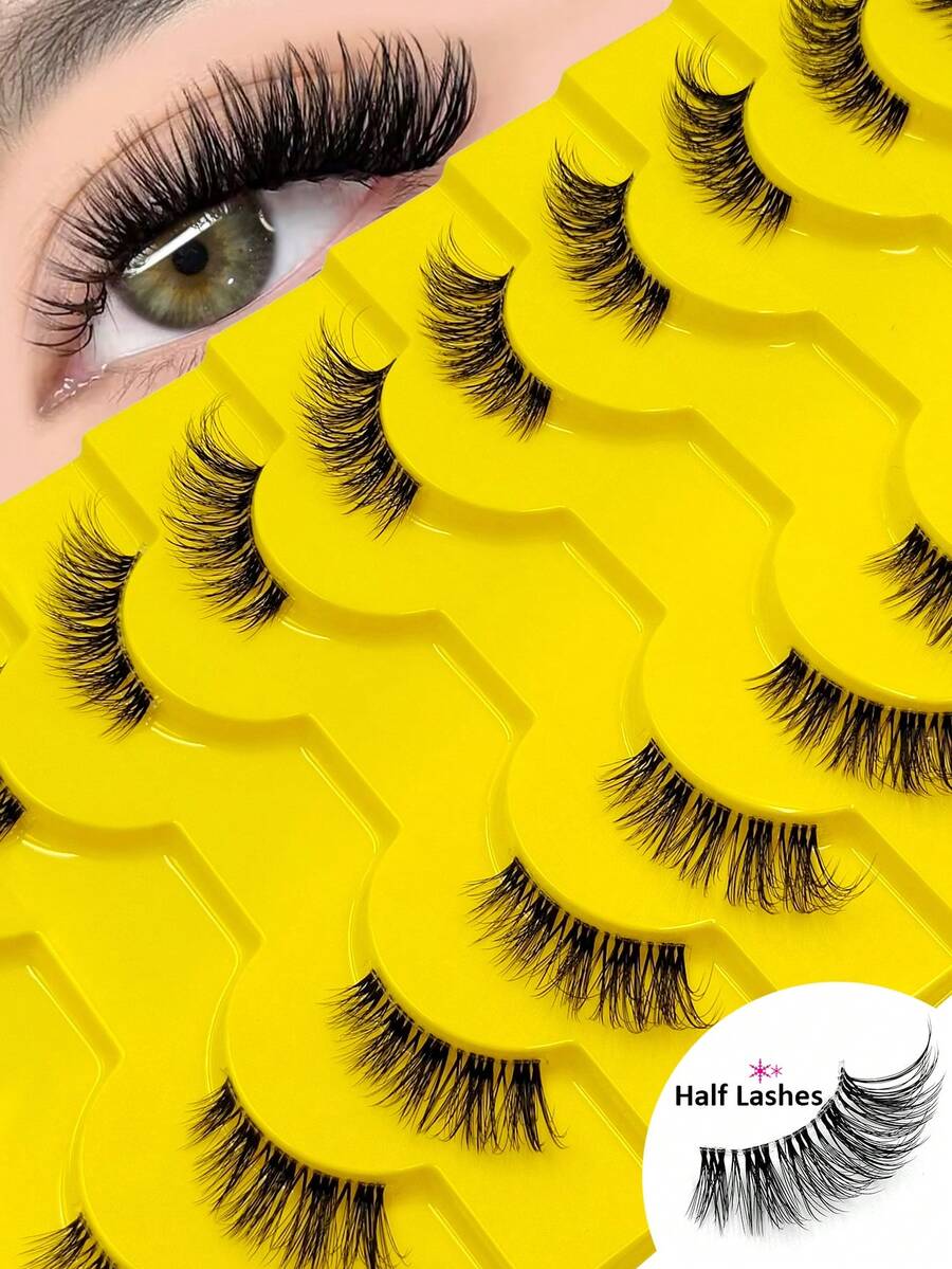 Rikuaild 10 Pairs Half Lashes Soft Natural Cat Eye Lashes Natural Look Clear Band Eyelash Half Fake Eyelash Fluffy Eyelashes, Short Eyelash Extension Tool Strip Lashes, Lashes, Eyelashes, Fake Lashes - Black - View 1