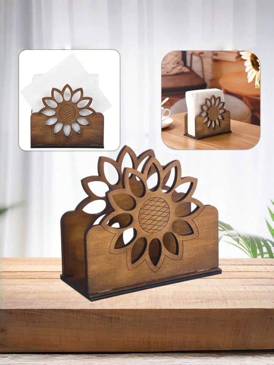 1pc Handmade Wooden Lotus Flower Business Card Holder, Solid Wood Card Organizer With Vintage Hollow-Out Decor, Multifunctional Desktop Tissue Box, Suitable For Professional Occasions, Home Office Decor, Fashionable Business Gift, Durable Natural Wood Surface - Sunflower - View 1