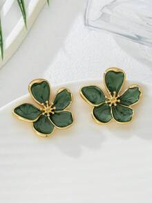 一对优雅法式绿色珐琅不对称五瓣花耳环，浪漫结婚礼物，适合日常佩戴、约会、订婚，精致情侣珠宝礼物 - 綠色 - 查看 2