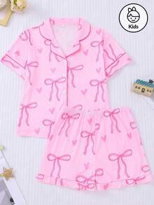 2 件女童甜美蝴蝶结和心形印花短袖睡衣套装，轻盈夏季新款开衫，可爱粉色大蝴蝶结，适合小女孩和大女孩日常穿着、家居服或睡衣 - 粉色 - 查看 13