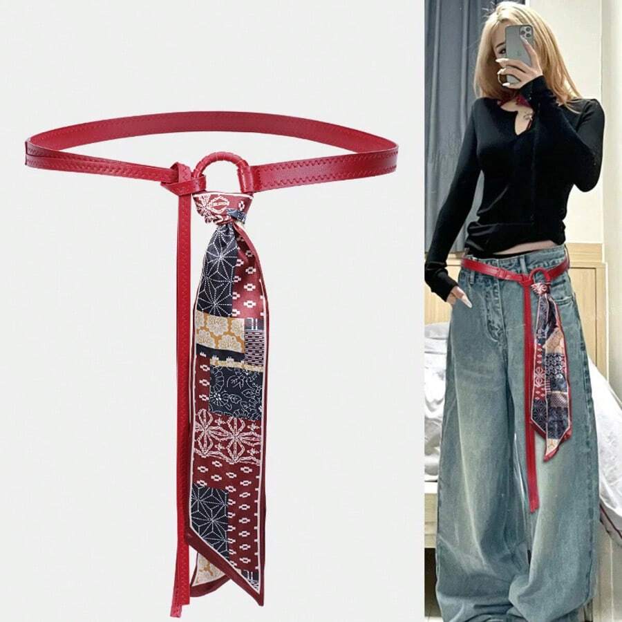 Red Silk Scarf Waist Belt Accessory, Punk Retro American Style Decoration For Jeans - Multicolor - View 1