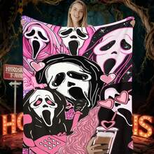 1PC Ghostface Y2K Collage Flannel Throw Blanket 50"X60" (Multiple Sizes) - Multiple Ghostface With Pink Hair, Hearts, Sparkles & Props, Tapestry Wall Hanging, Valentine's Day Gift, Room Decor, Perfect For Sofa, Bed, Office, Bestie Gift - multicolour 6 - 查看 6