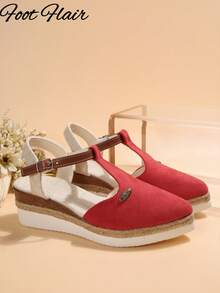 Sandales de plage à semelle compensée épaisse avec bout ouvert en corde pour femmes grandes tailles. Sandales romaines confortables et polyvalentes à la mode pour le printemps/été - Rouge - Voir 8