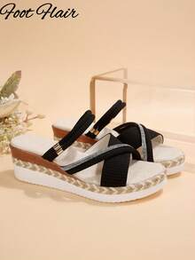 Foot Flair Sandal đế xuồng platform đế dây thừng hở ngón quai đan cho nữ size lớn, phong cách đi biển nghỉ dưỡng, thời trang xuân/hè, sandal La Mã đa năng và thoải mái - màu đen - Xem 8