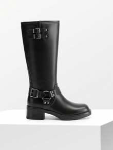 Women's Square Toe Motorcycle Boots Side Zipper Knee High Boots Chunky Low Heel Buckle Decorated Fashion Casual Riding Boots Festival Woman Shoes - màu đen - Xem 9