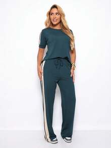Women's Basic Pants And Blouse Set With Side Stripe. - Dark Green - View 3