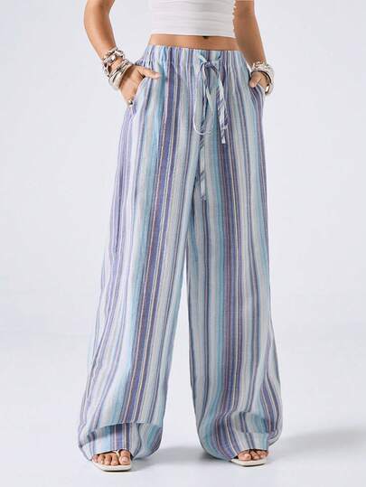 LYSMO 女士彩色条纹编织抽绳腰休闲裤