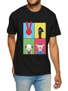 Camiseta Casual de Manga Corta para Hombre - Estampado de Personaje de Dibujos Animados Negro, Cuello Redondo Transpirable, Lavable a Máquina, Cómoda para Todas las Temporadas, Ideal para Excursiones al Aire  Entrenamientos en el Gimnasio, Diseño Gráfico Divertido, Ajuste Cómodo, Tela Duradera - Negro - Ver 1
