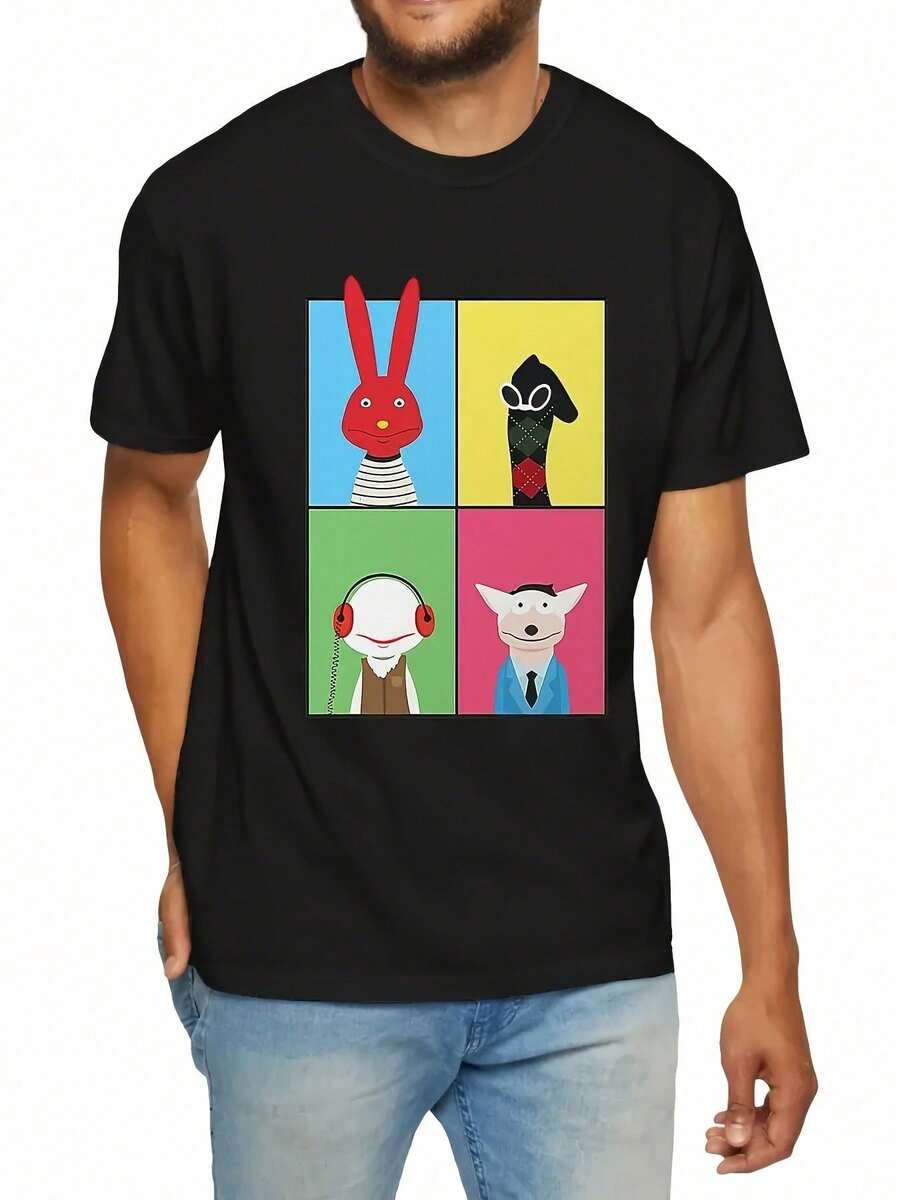 Camiseta Casual de Manga Corta para Hombre - Estampado de Personaje de Dibujos Animados Negro, Cuello Redondo Transpirable, Lavable a Máquina, Cómoda para Todas las Temporadas, Ideal para Excursiones al Aire  Entrenamientos en el Gimnasio, Diseño Gráfico Divertido, Ajuste Cómodo, Tela Duradera - Negro - Ver 1