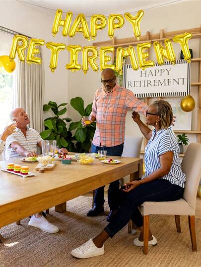 15件套退休派对装饰套装，包含16英寸“退休快乐”字母装饰（金色、银色、玫瑰金、黑色），适用于退休庆祝活动、告别派对、装饰、退休主题拍照区、派对装饰等。