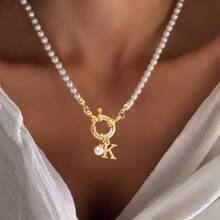 1pc New Classic Faux Pearl Initial Spring Buckle Pendant Beaded Necklaces For Women - White - View 1