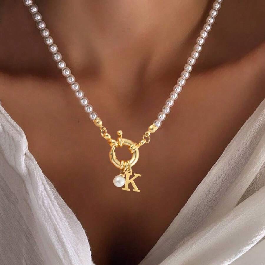 1pc New Classic Faux Pearl Initial Spring Buckle Pendant Beaded Necklaces For Women - White - View 1