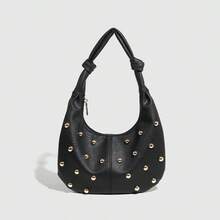 1 Pc Simple And Versatile Tote Bag For Women'S Fashion, Large Capacity Shoulder Bag, Personalized Rivet Underarm Bag - Black - View 6
