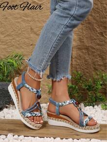 Women's Handmade Beaded Woven Toe-Ring Rope Bottom Sandals, Bohemian Style, Spring/Summer New Platform Thick Bottom Comfortable Outdoor Sandals, Random Floral Pattern - Dusty Blue - View 4