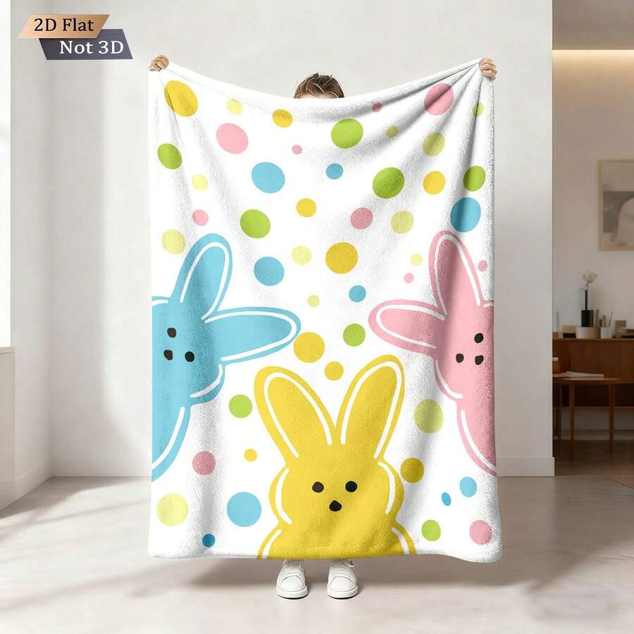1pc Easter Theme Printed Flannel Throw Blanket, Featuring Colorful Rabbit Patterns, Soft & Comfortable, Suitable For All Seasons, For Sofa, Bed, Office, Camping, Travel, Year-Round Gift - Multicolor - View 1