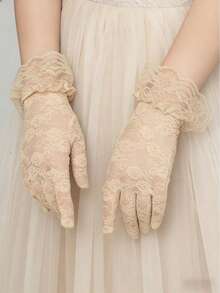 1 Pair White Lace Gloves For Women, Suitable For Parties, Weddings, Opera, Afternoon Tea Gatherings And Other Occasions - Beige - View 4