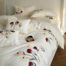 Set de lenjerie de pat 3 bucăți din material textil creț, moale și confortabil (1 husă de pilotă + 2 fețe de pernă, umplutura nu este inclusă), model brodat floral, potrivit pentru dormitor, cameră de oaspeți, băieți și fete, lavabil la mașină - Mov Mov - Vizualizare 13