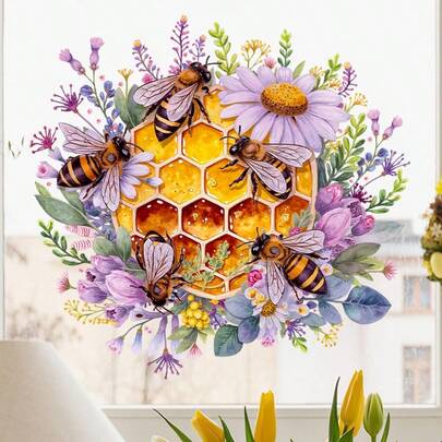 2D Flat Charming Honey And Flowers Window Stickers, With Honey Bees & Honeycomb And Colorful Flowers Design - Self-Adhesive Removable PVC Stickers, Single Use, For Home Living Room Bedroom Window Wall Decor
