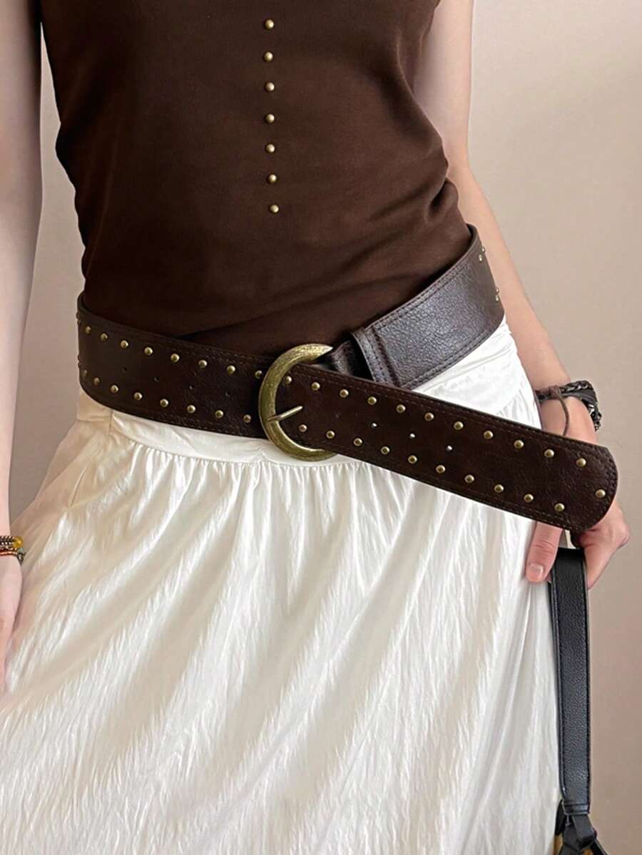 1pc Women's Dark Western Style Heavy Rivet Studded Wide Waist Belt - Coffee - View 1