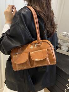 1 chiếc túi xách nữ kiểu dáng tối giản retro với khóa kéo trang trí và hai quai xách, thích hợp sử dụng hàng ngày hoặc đi làm. - màu nâu - Xem 2