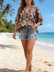 Women's Casual Plaid & Floral Print Short Sleeve V-Neck Loose Blouse, Spring/Summer Vacation - Royal Blue - View 8