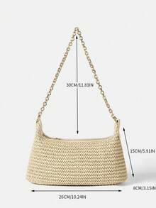 New Arrival Fashionable Bohemian Style Woven Rattan Bag With Chain Strap, Shoulder Bag, Suitable For Daily Casual, Vacation, Shopping And Outfit Matching, Tready Crescent Moon Bag For Women , Bohemian Outfit For Women, Boho - 卡其色 - 查看 6