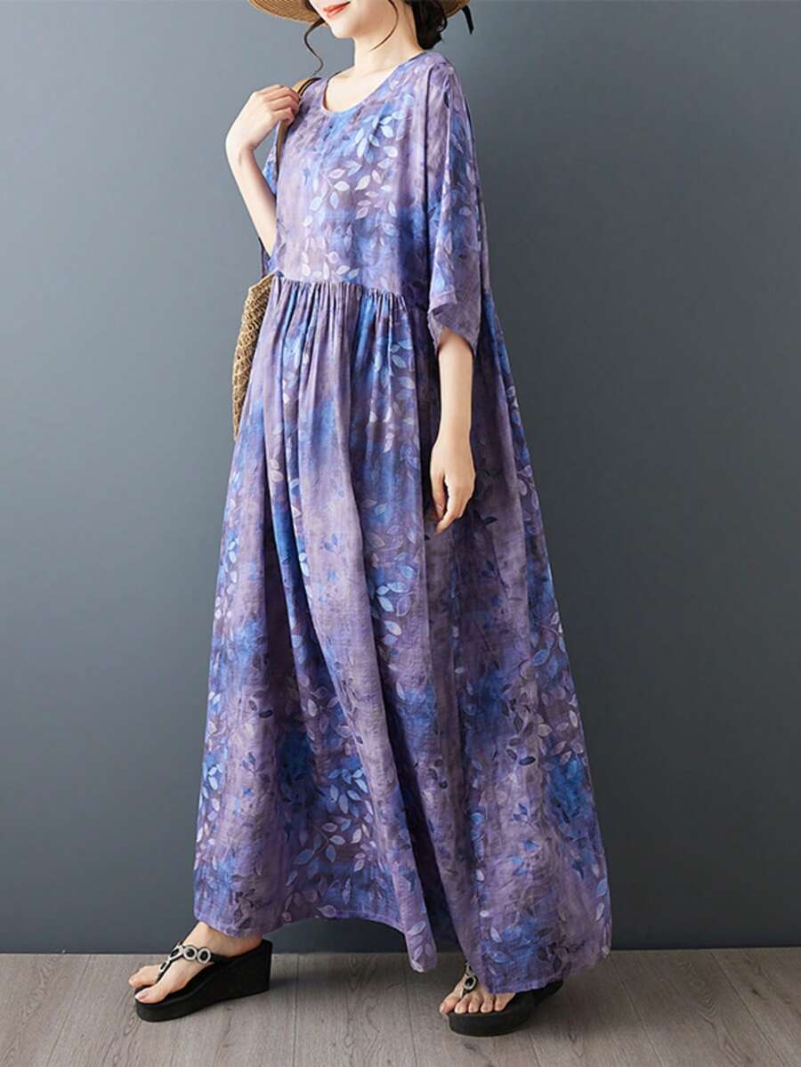 AZAH 2026 Boho-Stil Lässig Urlaub Elegant Mama-Stil Alltagskleidung Sommer Rundhals Lockerer Schnitt Kleid, geeignet für lässige bedruckte dünne lockere Alltagskleidung - Violett - Übersicht 1