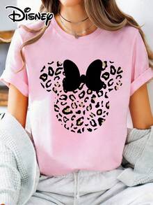 Disney Lady's T-Shirt, Featuring The Mickey Mouse Leopard Print Cartoon Pattern. The Fabric Is Soft, Comfortable And Durable. This Is A Summer/Winter Ladies' Round-Neck T-Shirt, Suitable For Daily Wear, Shopping, Attending Parties And Gatherings. It Is Also More Suitable For Daily Outfits And As A Gift. - Pink - View 1