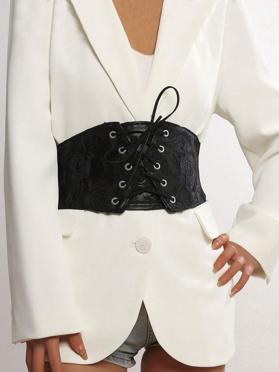 1件蕾丝弹力腰带，女士朋克风束腰带，宽松腰带，宫廷风，音乐节，泰式战术宽腰带 - 黑色 - 查看 1