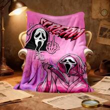 1PC Ghostface Y2K Horror Flannel Throw Blanket 50"X60" (Multiple Sizes) - Black & White Ghostface Duo With Pink Robe, Glitter  & Skeleton Hand, Tapestry Wall Hanging, Halloween Gift, Room Decor, Perfect For Sofa, Bed, Office, Edgy Y2K Gift - multicolour 2 - 查看 4