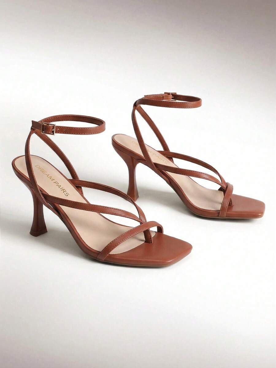 Women Kitten Heel Thong Heeled Sandals Fashion Open Toe Ankle Strap Summer Stiletto Heel Sandals Elegant Wedding Party Dress Shoes - màu nâu - Xem 1