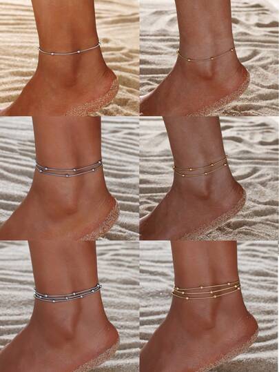 1-3pcs Minimalist European & American Style G23 Stainless Steel Round Snake Chain Anklet, Suitable For Men, Women, Couples For Daily, Holiday, Party Wear