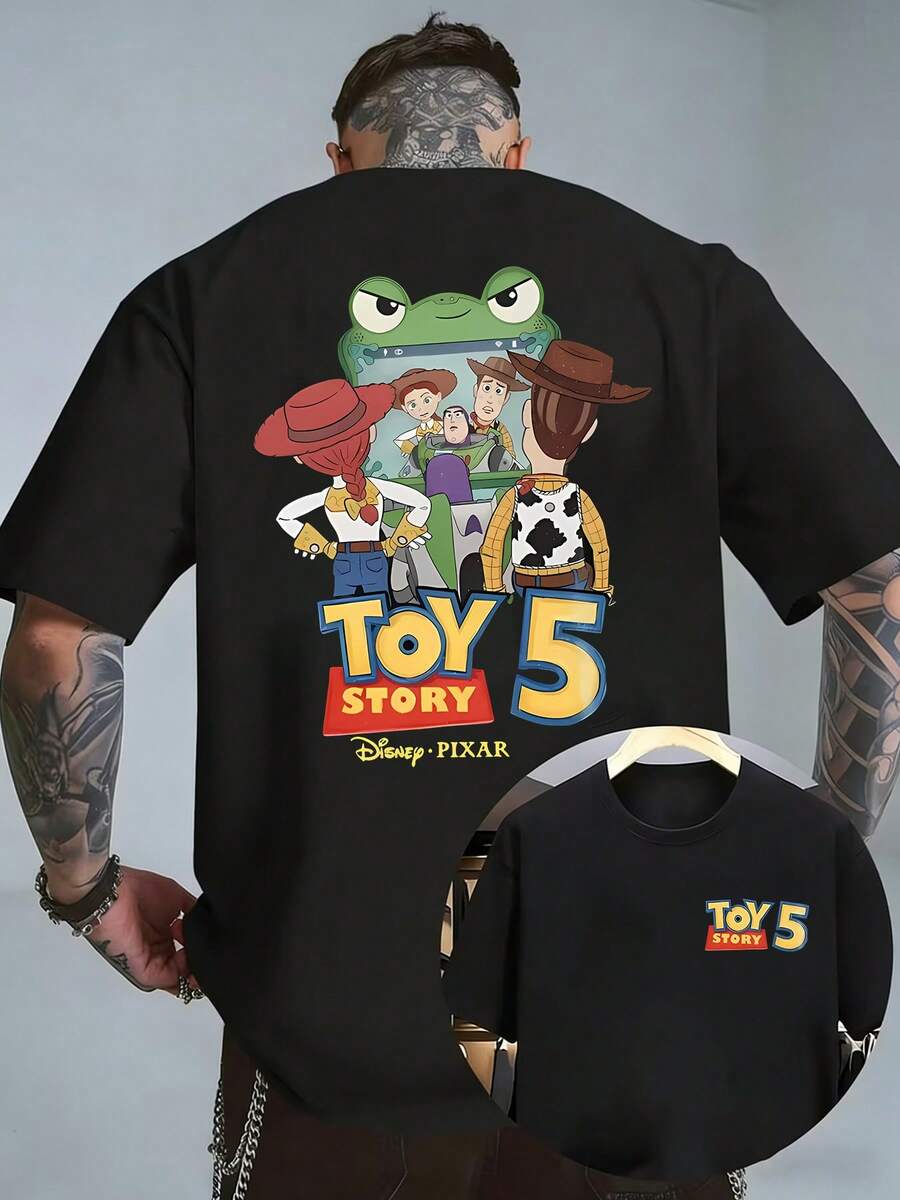 Disney Men's Casual Toy Story 5 Woody And Buzz Lightyear Print T-Shirt, Round Neck, Comfortable Pure Cotton Fabric, Fashionable Streetwear, Suitable For Casual Wear, Men's Clothing. - 黑色 - 查看 1