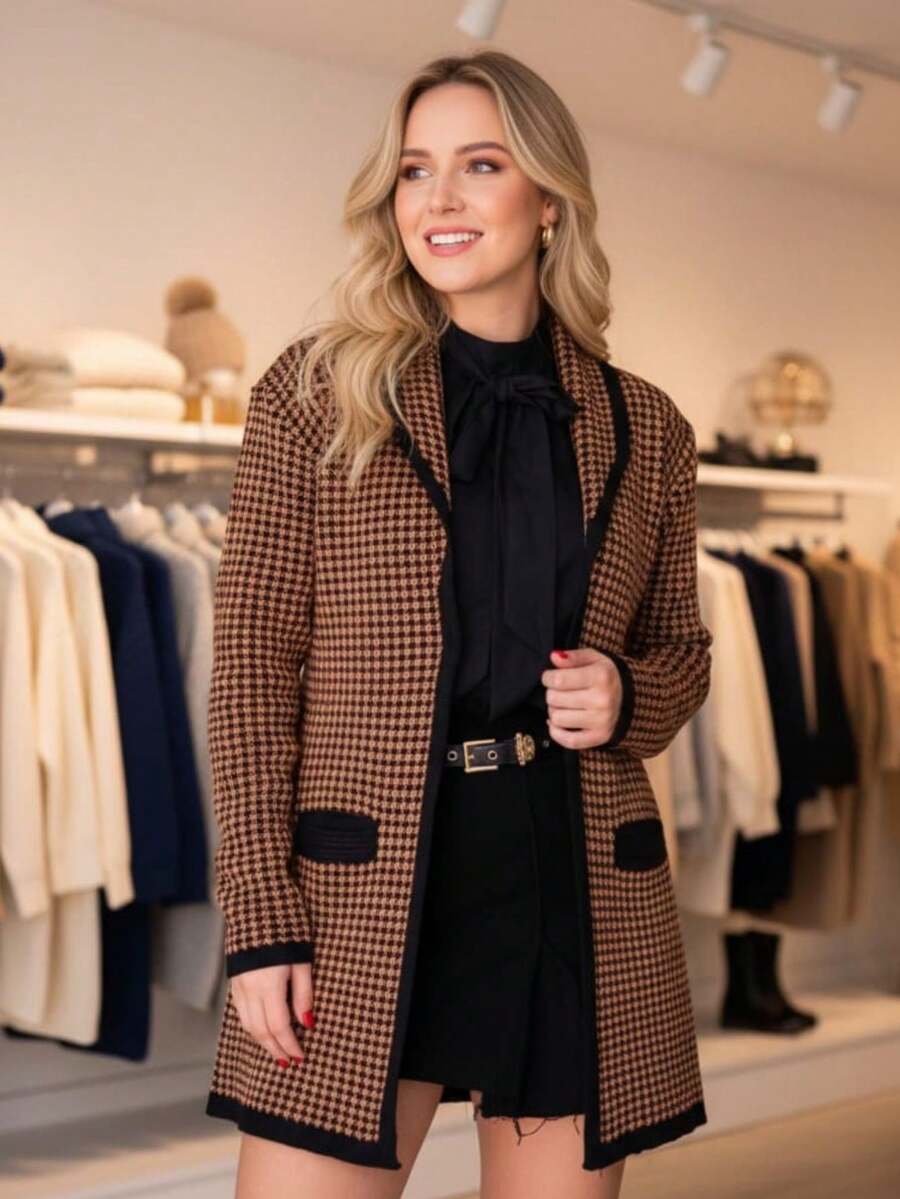 Women's Jacquard Houndstooth Knit Overcoat With Long Sleeves, Elegant Lapel, And Blazer For Winter - 黑焦糖 - 查看 1