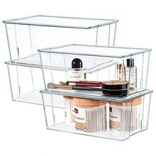 Clear Plastic Stoe Organizer Bins Wit Acrylic Li   Ken Cupboard Pantry Ses Medicine Cabinet Craft Rooms - 4.5-Inces Tall - 4 Pack - Clear - View 1