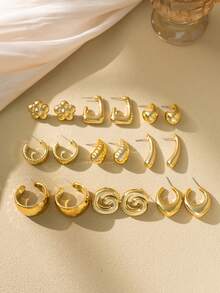 6-18pcs Gold Tone Elegant Earring Set, Including Teardrop, Sparkle, Textured Wide C-Shaped Designs, Suitable For Daily Wear And Parties, Great Gift For Mom Or Best Friend - Gold - View 5