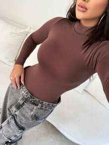 Women's Bodysuit Kit, High Neck, Long Sleeve, Second Skin, Basic, Versatile, Fashion Blogger Style, - 白色米色咖啡 - 查看 2