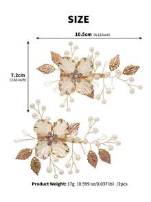 2pcs Handmade Crystal & Pearl Flower Hair Clips, Gold Tone Metal Leaf Bridal Headpiece Set - Gold - View 12