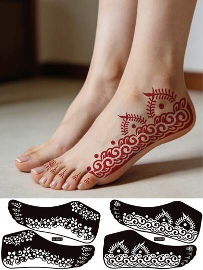 2 ark med fottatueringsmallar - komplexa blommor och dekorativa ihåliga mönster, återanvändbara mallar för fot- och fotledskroppskonst, kompatibla med sprutpistoler/kosmetika, perfekt för gör-det-själv-tillfälliga tatueringar, stranddagar, fester och festivaler, lätta att applicera och rengöra, lämpliga för de flesta fotformer