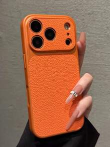 Fashionable Litchi Leather Texture Large Window Phone Case Compatible With IPhone 17 Pro Max, 17 Pro, 16 Pro Max, 15, 14 Pro, 13, 12 Pro, 17, Camera Protection Matte Soft Edge Shockproof Protective Cover - Orange - View 2
