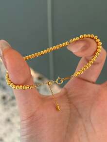 1pc 925 Sterling Silver Elegant Geometric Shiny Beaded Chain Bracelet, Daily Wear Friendship Birthday Gift For Women - Gold - View 2