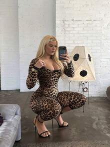 女士性感露背豹纹连体裤，长袖圆领蝴蝶结装饰，撞色蕾丝七分裤，时尚性感夜店派对春季优雅装扮 - 棕色 - 查看 2