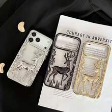 1pc Fashionable Electroplated 3D Rhinestone Deer Design Shockproof Phone Case Compatible With Apple 17 Pro Max, 16, 15, 14, 13, 12, 11 Series - Silver - View 4