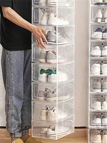 6/12个装透明防水鞋盒，可堆叠磁吸门鞋柜，透明塑料鞋架，防尘防潮侧开式设计，适用于衣柜、卧室、家居，节省空间，男女通用鞋履展示和收纳 - 查看 3